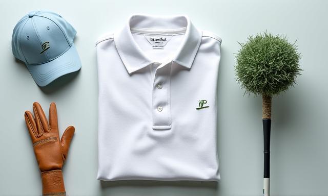 A neatly folded golf polo shirt with a golf glove and cap next to it.