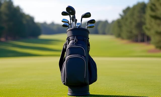 A stylish, modern golf bag filled with clubs, standing on a golf course.