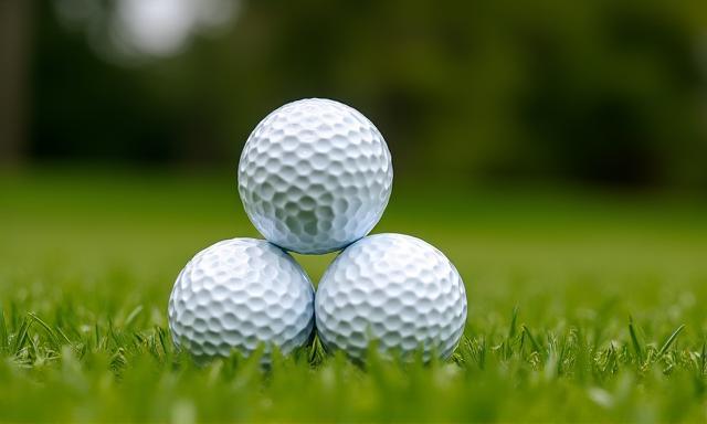 A stack of bright white premium golf balls on green grass.