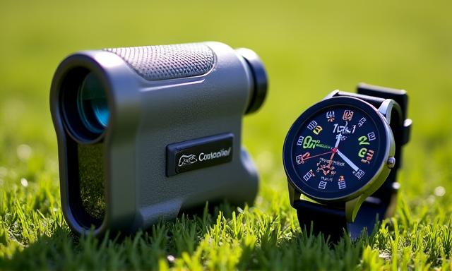A golf rangefinder on a tee and a golf watch on a wrist.