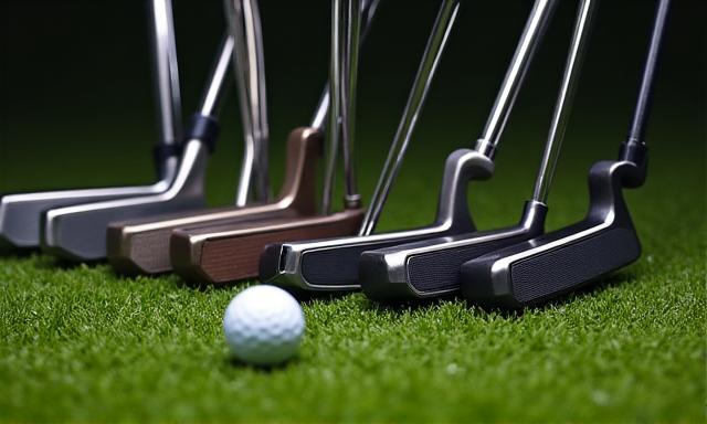 A variety of golf putters laid out on a green, highlighting choices