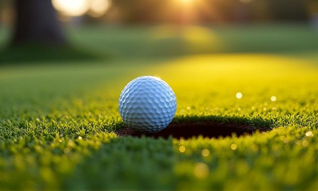 A golf ball next to the hole on a putting green, emphasizing short game focus