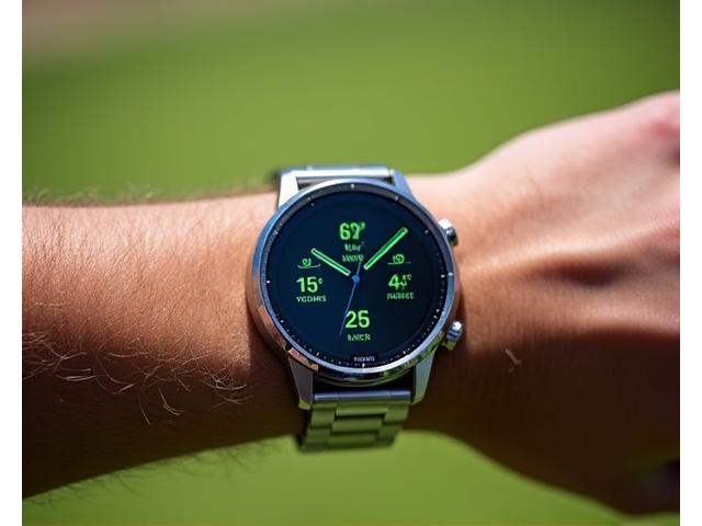 A modern golf GPS watch on a golf course background.