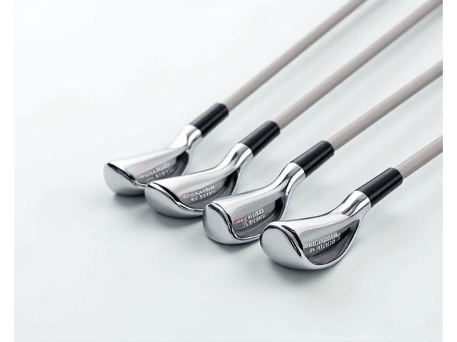 A set of hybrid golf irons arranged neatly.